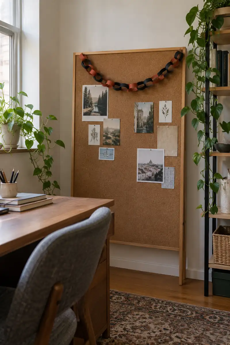 A short black and rust paper chain decorates a freestanding corkboard