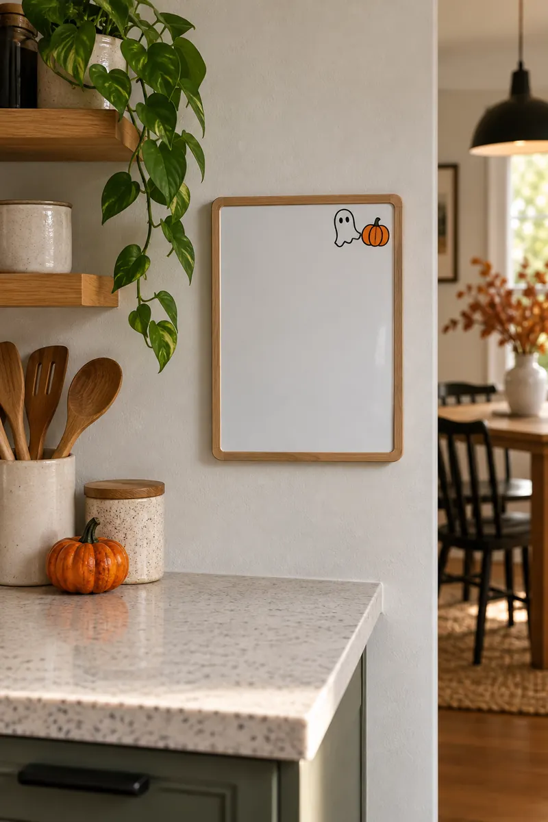 White shopping board with a tiny ghost and pumpkin drawn in one corner