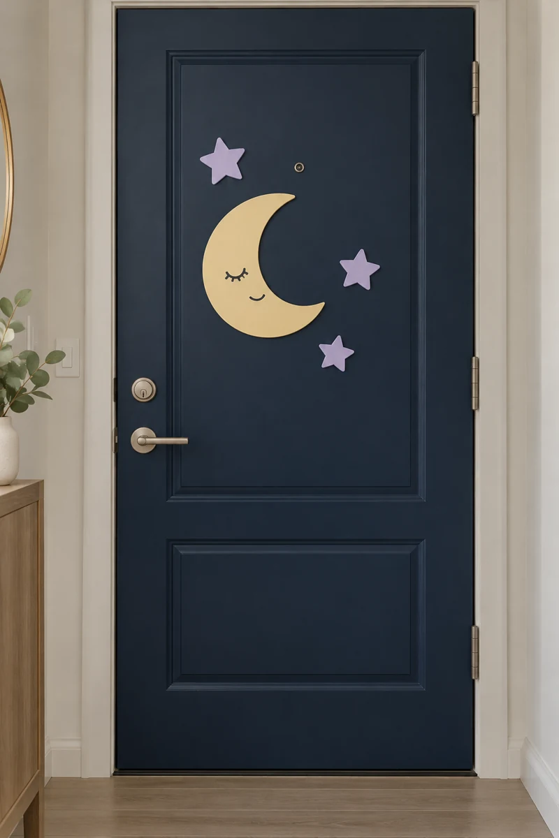 Sleepy Crescent Moon on a navy blue apartment door