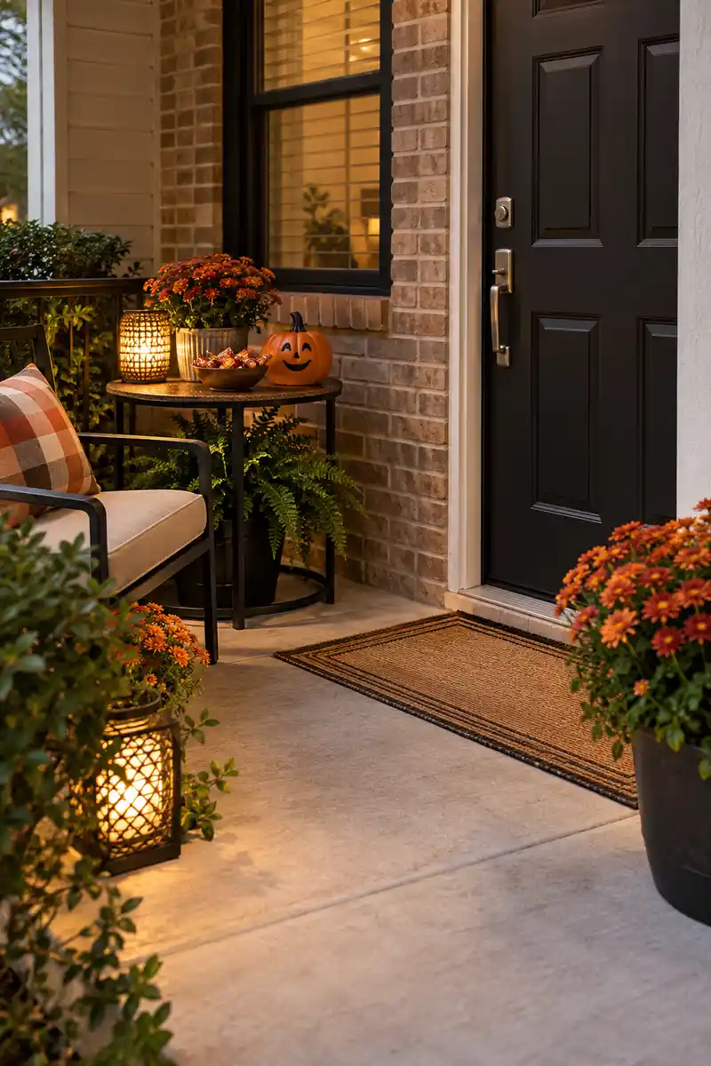 Candy bowl and smiling pumpkin on a small table beside an apartment entrance