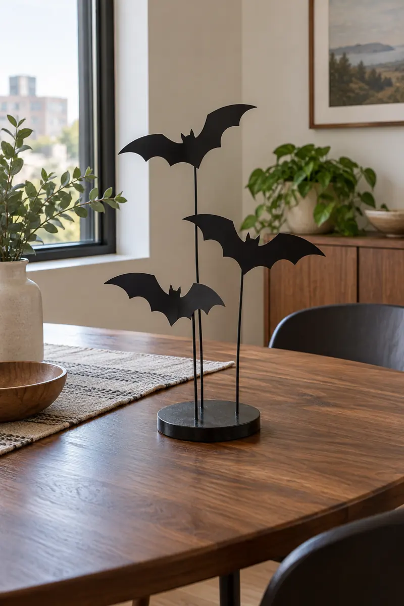 Three paper bats held by a black tabletop photo stand on a dining table