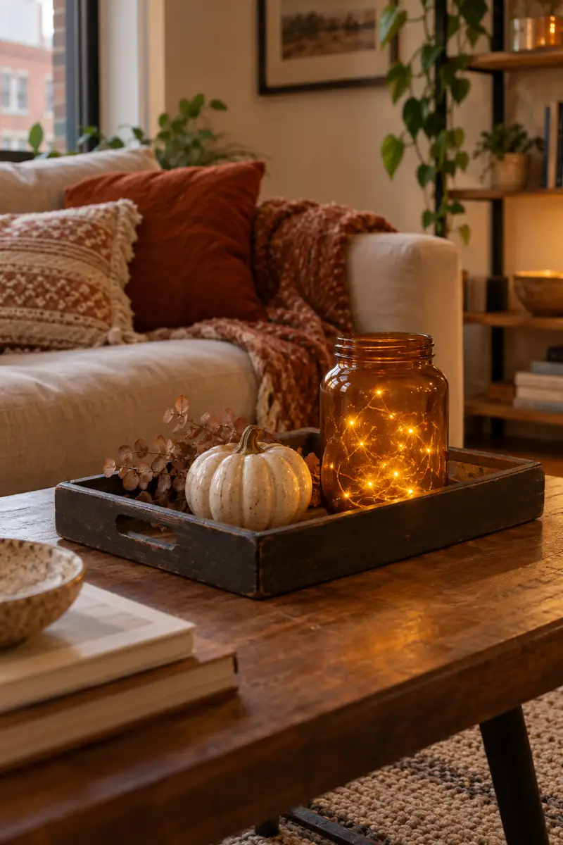 A ceramic pumpkin and reused amber LED jar sit together on a dark tray