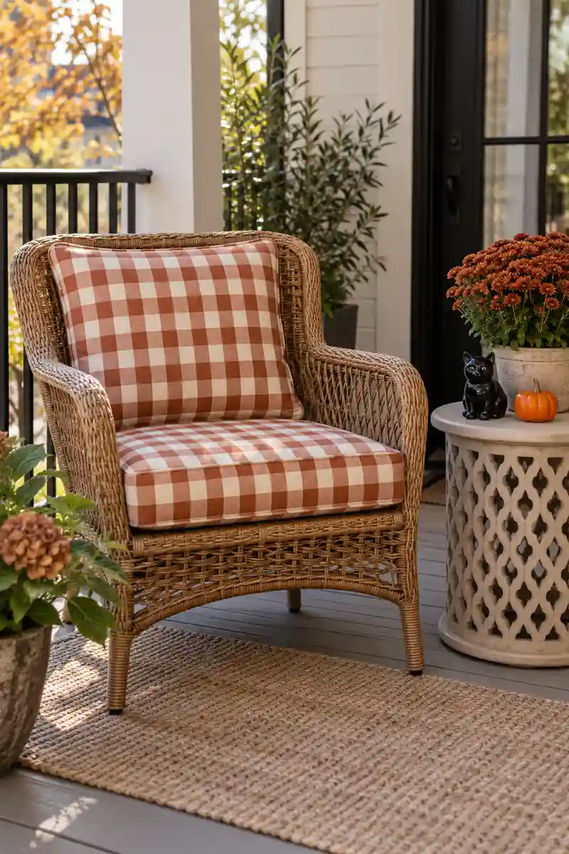 Rust gingham porch chair with a ceramic black cat and pumpkin on a nearby table