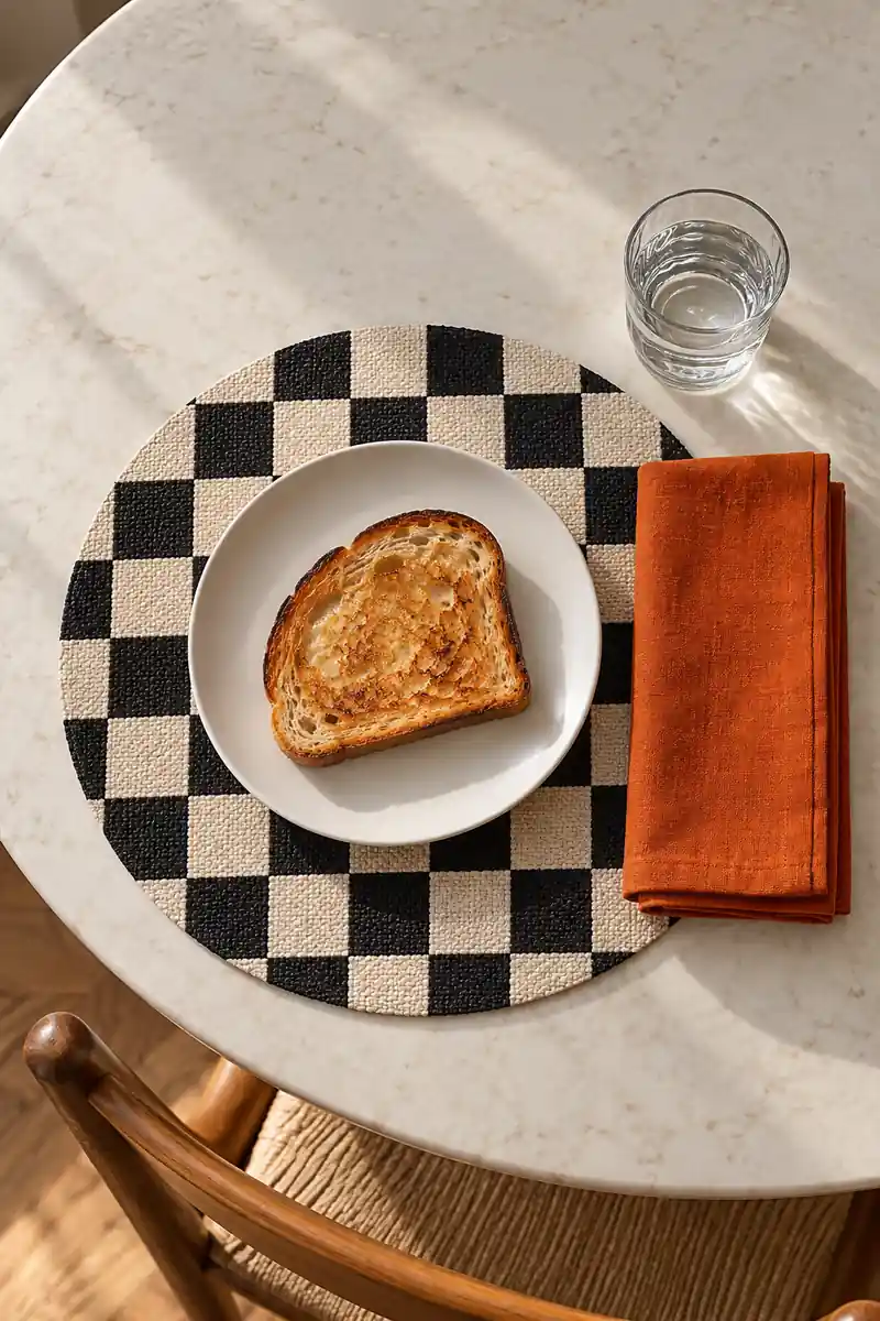 Checkerboard placemat with toast, an orange napkin, and a water glass