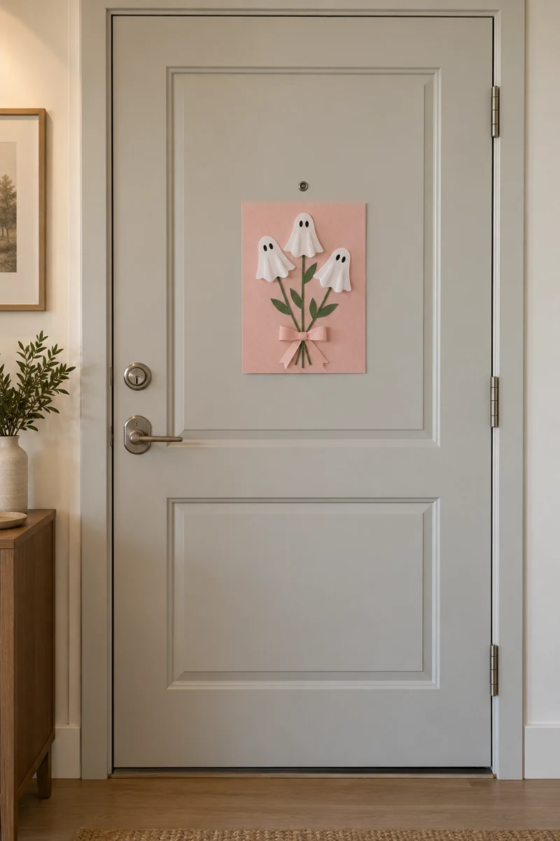 Little Ghost Bouquet on a pale gray apartment door