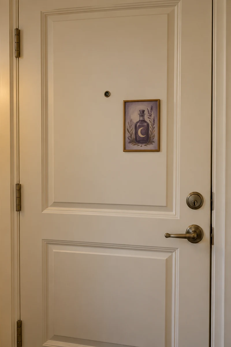 Potion Label Art displayed on a cream apartment door