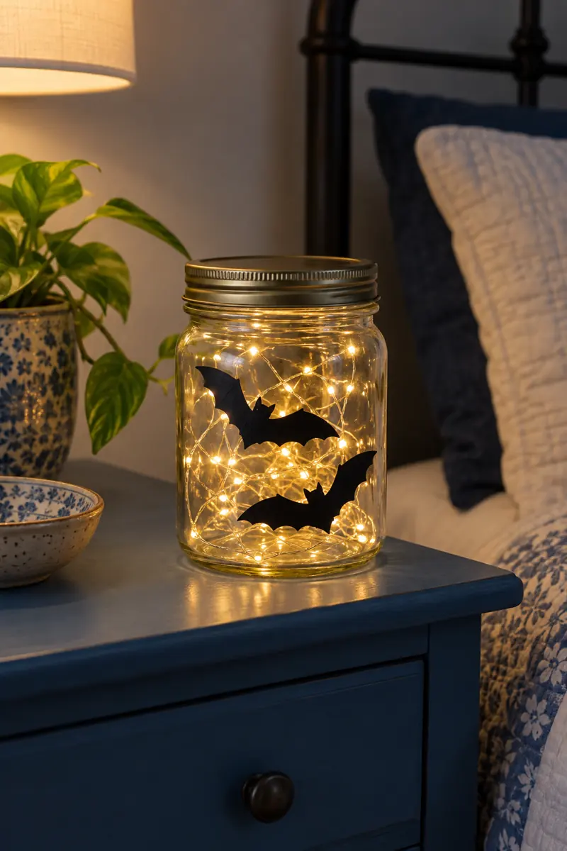 Black bat silhouettes on a glass jar filled with warm battery LED lights