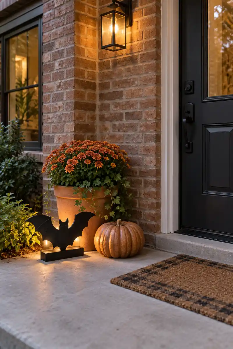 Freestanding black bat silhouette beside a pumpkin and terracotta pot against brick
