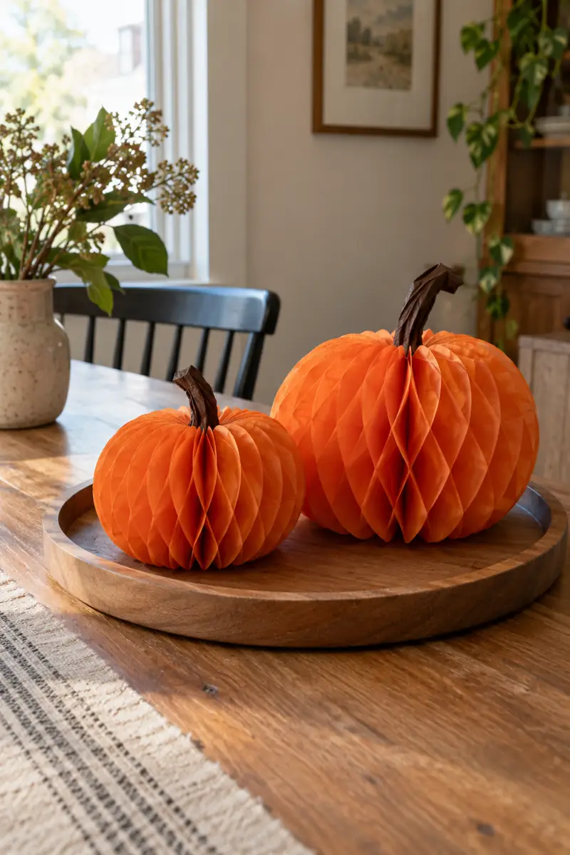 Two orange honeycomb tissue paper pumpkins stand on a tray in an apartment dining nook