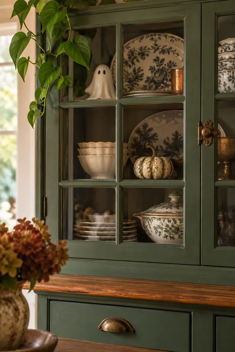 Small white ghost peeking beside plates inside a green glass-front cabinet