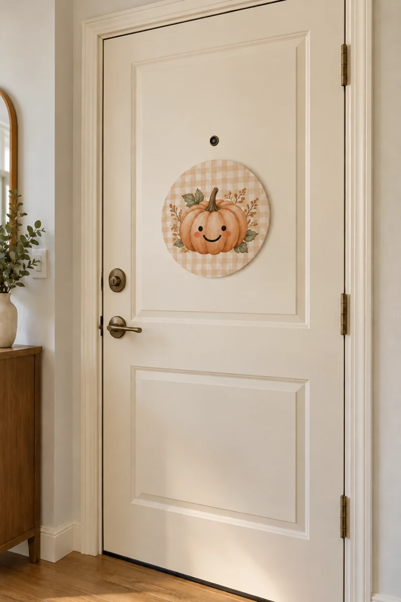 Pumpkin Patch Badge on a cream apartment door