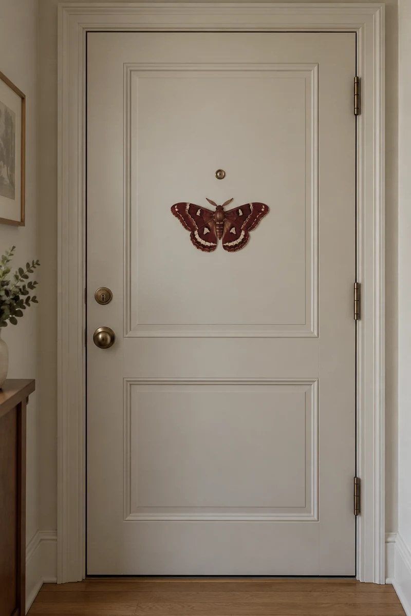 Velvet-Look Moth displayed on a pale stone apartment door