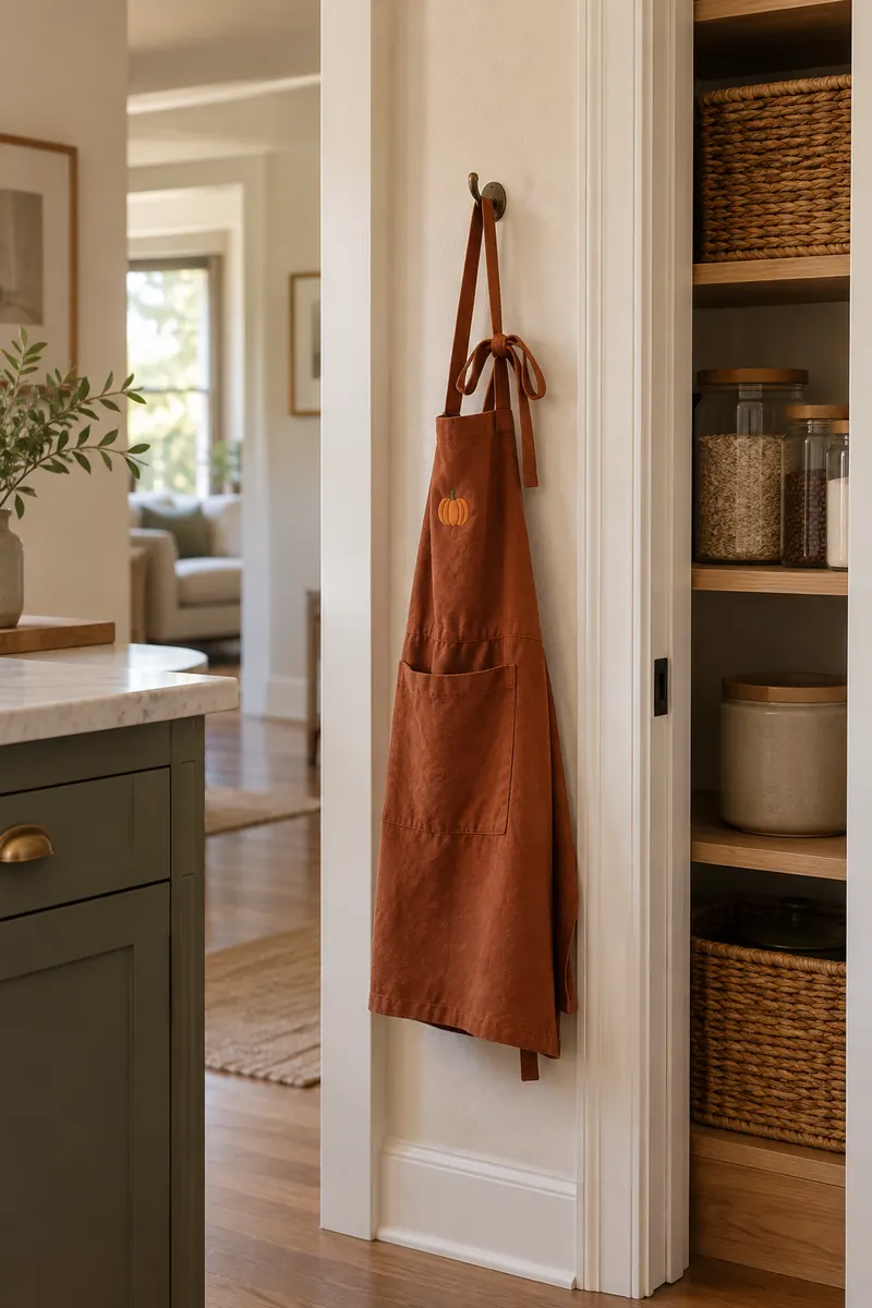 Rust apron with pumpkin embroidery hanging neatly beside a pantry