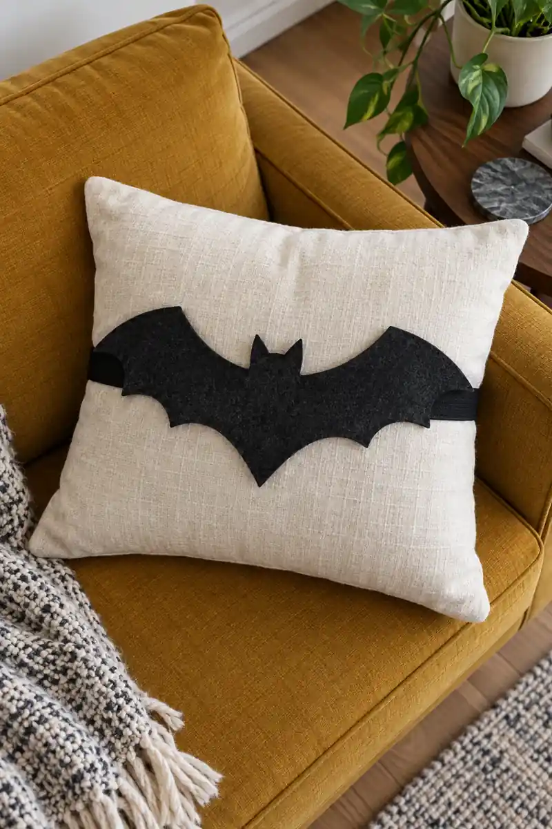 A charcoal bat on a dark fabric sleeve wraps a cream cushion on a mustard sofa