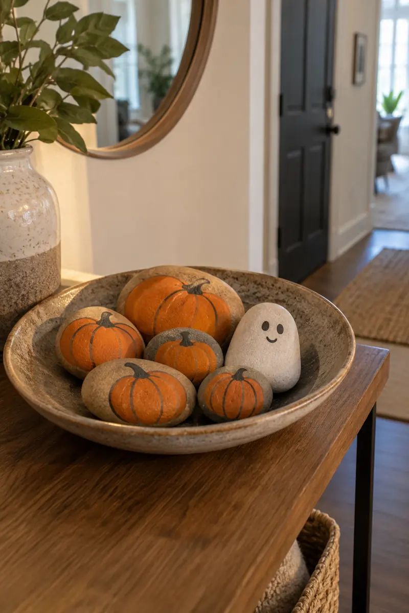 Pumpkin and ghost faces painted on smooth stones sit in a shallow dish