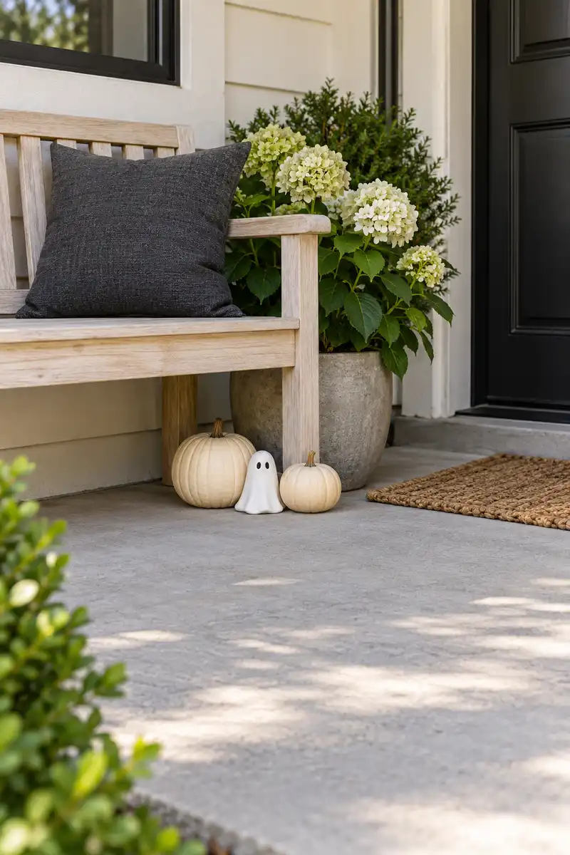Pale bench with dark cushion and two pale pumpkins with a ghost between them