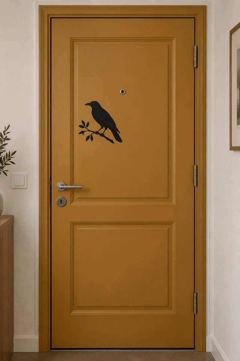 Raven On Branch displayed on a ochre apartment door