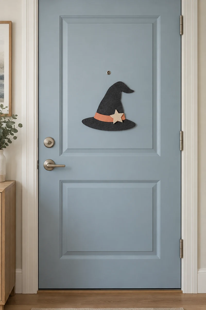 Tiny Witch Hat on a soft blue apartment door
