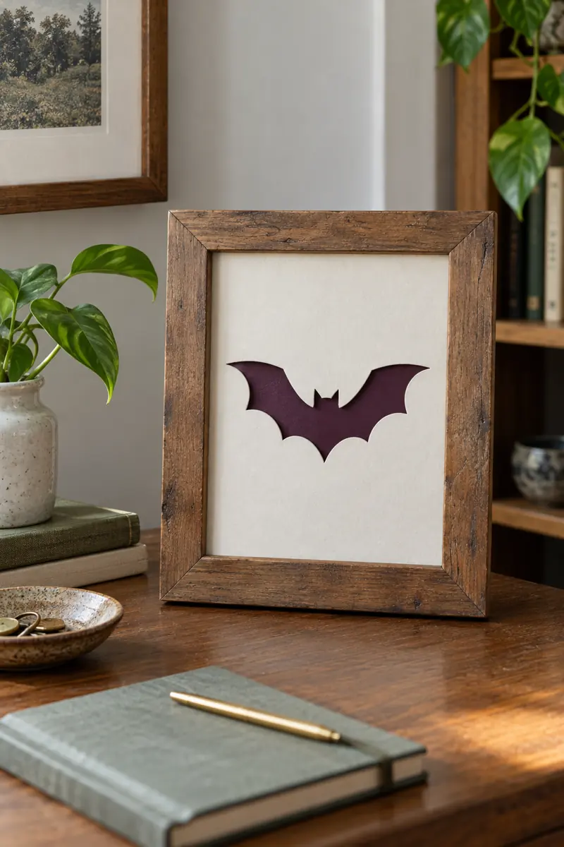 An aubergine bat shape shows through a cream paper cutout inside a wooden frame