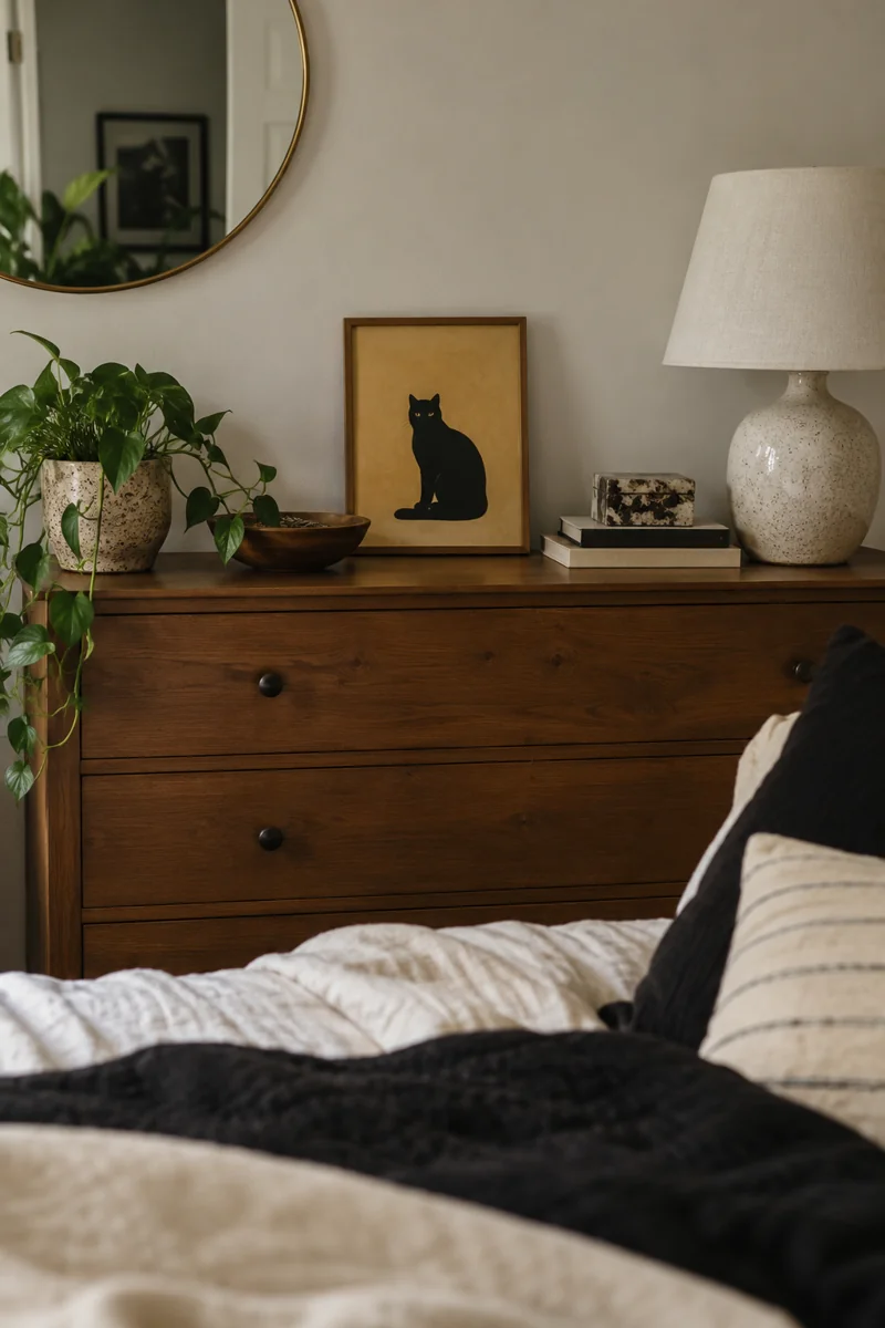 A black sitting cat silhouette stands out against mustard paper in a small frame