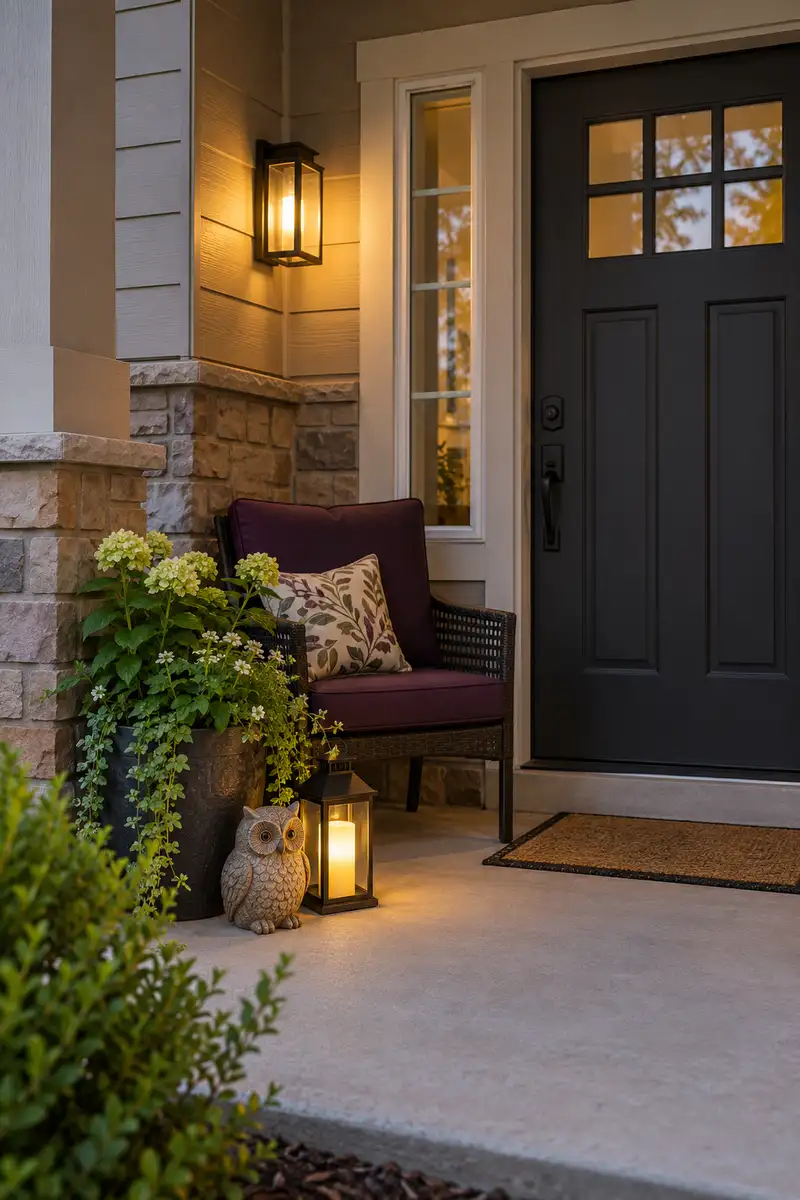 Plum porch chair with grounded owl ornament and LED lantern beside a planter
