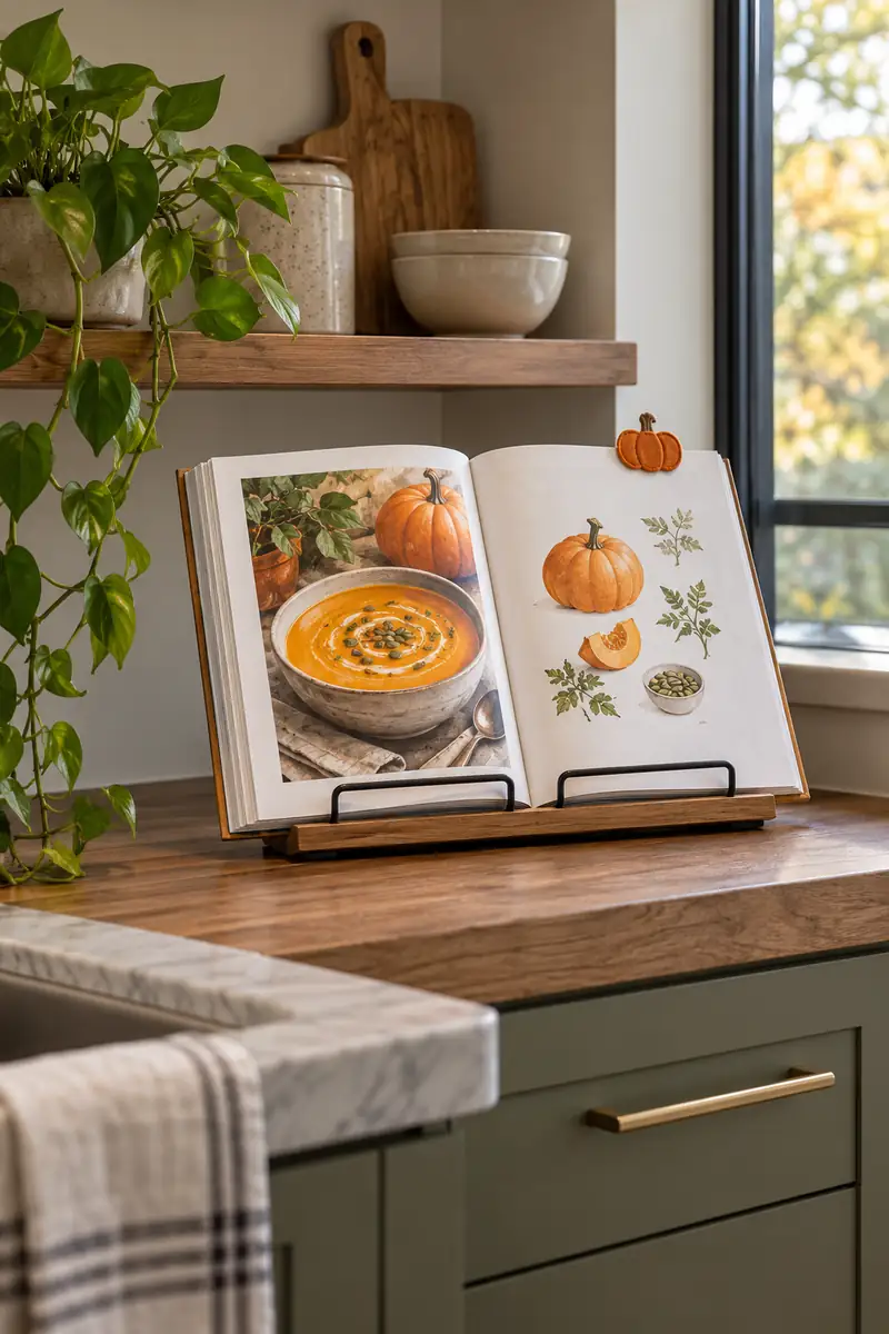 Open illustrated soup cookbook with a pumpkin bookmark on a recipe stand