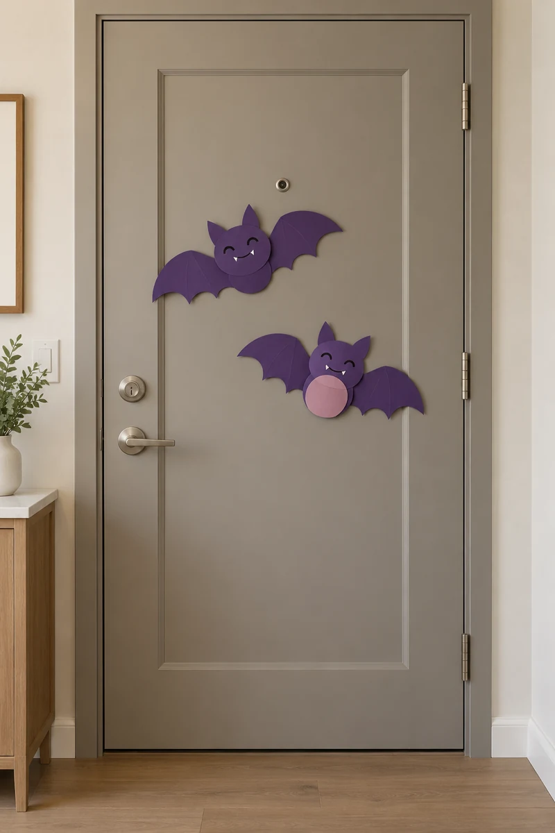 Smiling Bat Duo on a warm gray apartment door