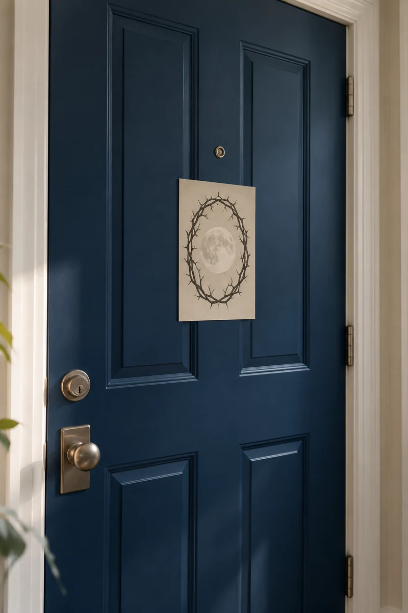 Thorn Ring Illustration displayed on a deep blue apartment door