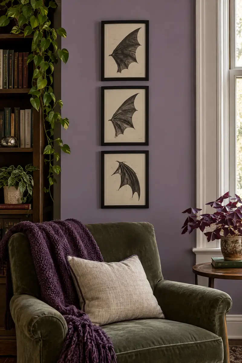Three small framed bat wing studies form a vertical display above a reading chair
