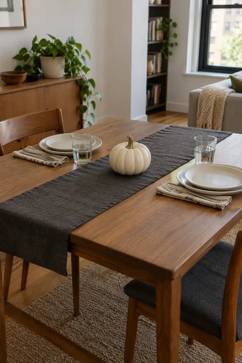 A short charcoal fabric runner and cream pumpkin decorate a compact dining table
