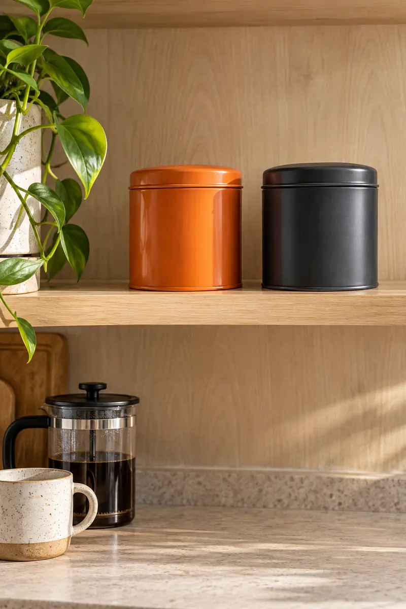 Orange and charcoal lidded coffee tins on an oak shelf