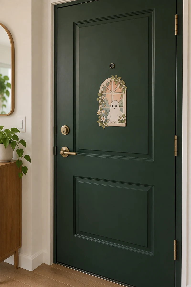 Ghost Window Picture on a forest green apartment door