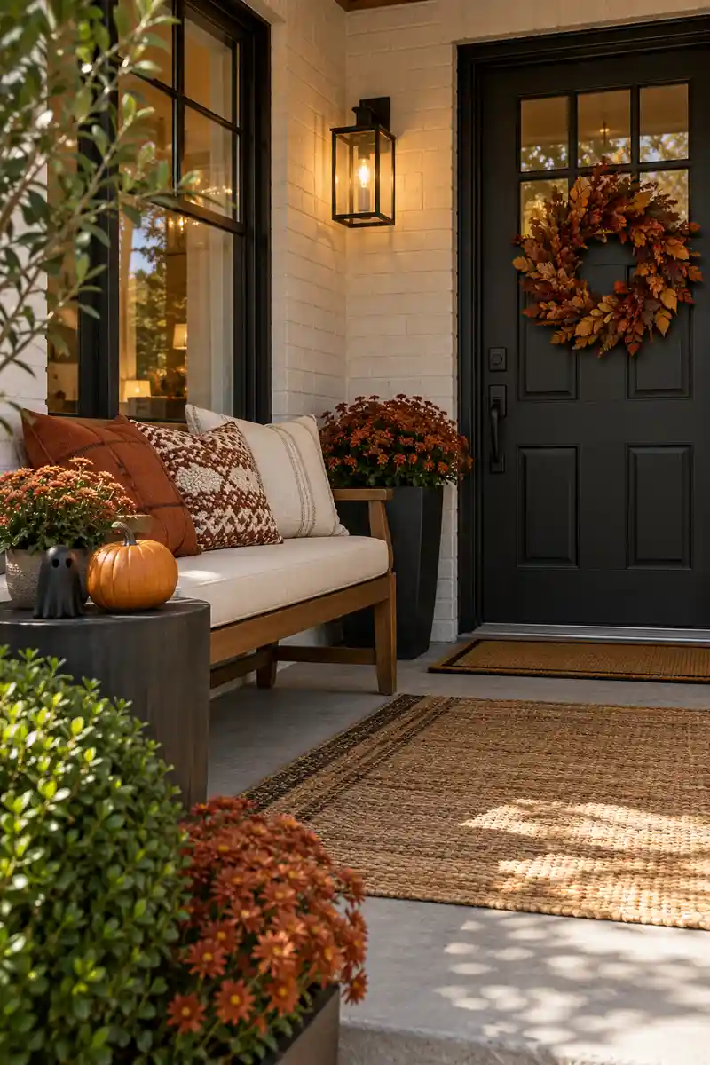 Rust and oatmeal porch seating with orange pumpkin and small dark ghost on a side table