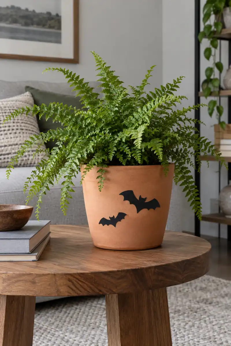 Black bat silhouettes decorate a terracotta fern cachepot on a round side table