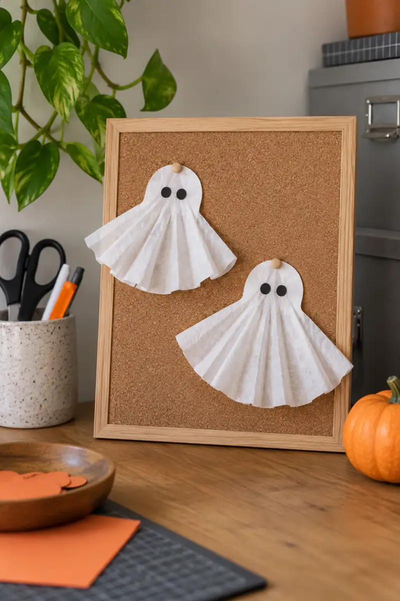 Two pleated white coffee filter ghosts decorate a small corkboard
