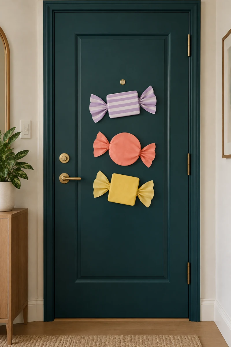 Candy Wrapper Shapes on a dark teal apartment door