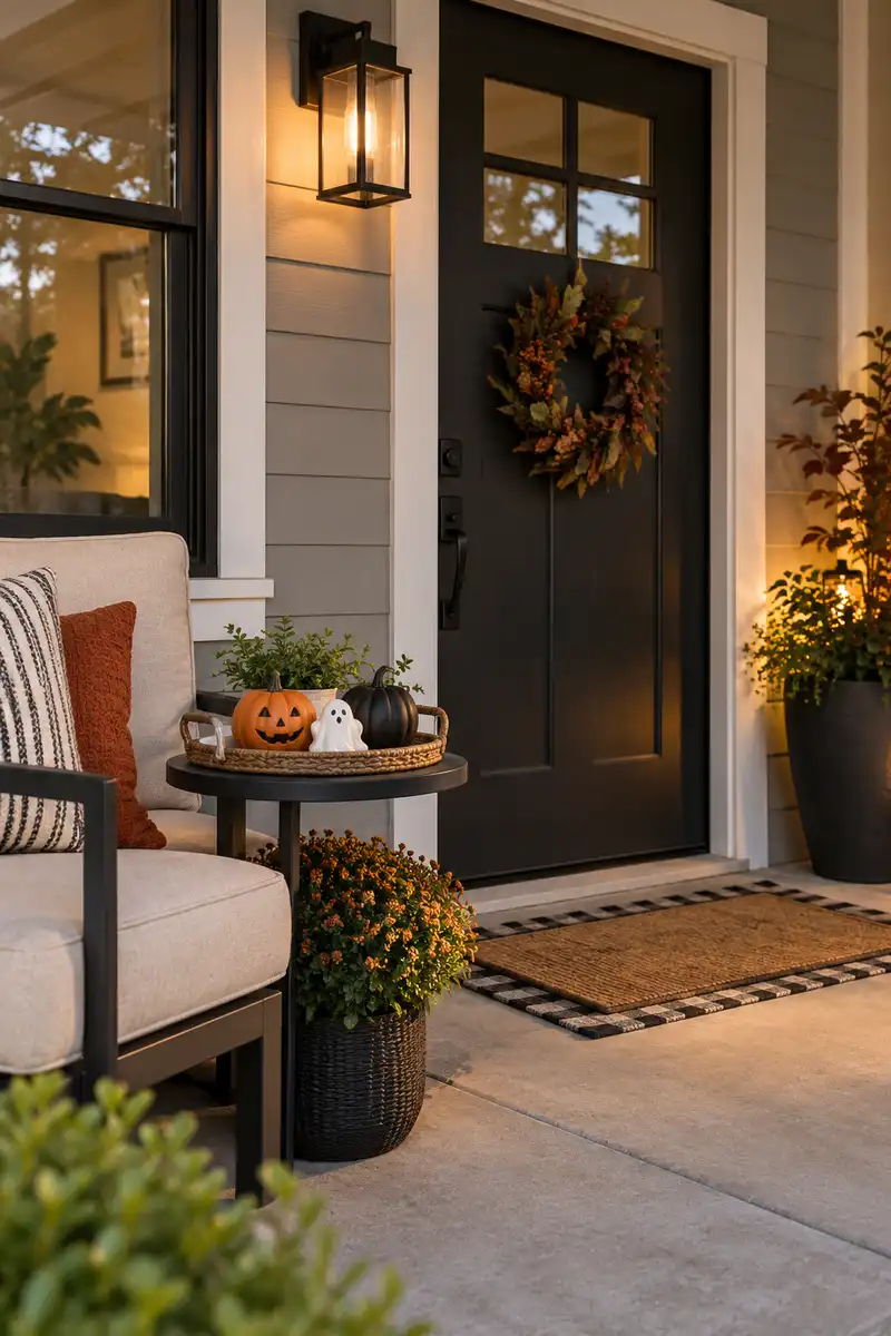 Tray with smiling pumpkin, white ghost and dark pumpkin on an exterior side table