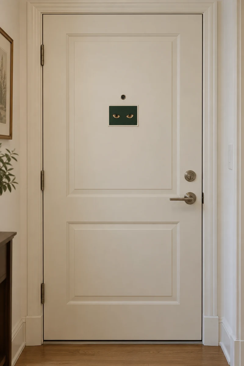 Watching Eye Pair displayed on a warm ivory apartment door