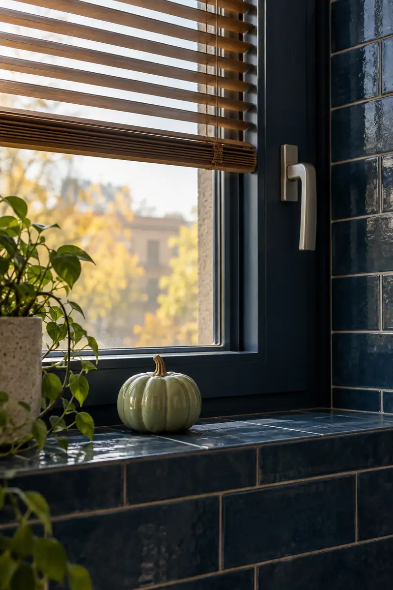 Pale green ceramic pumpkin on a deep blue kitchen window sill