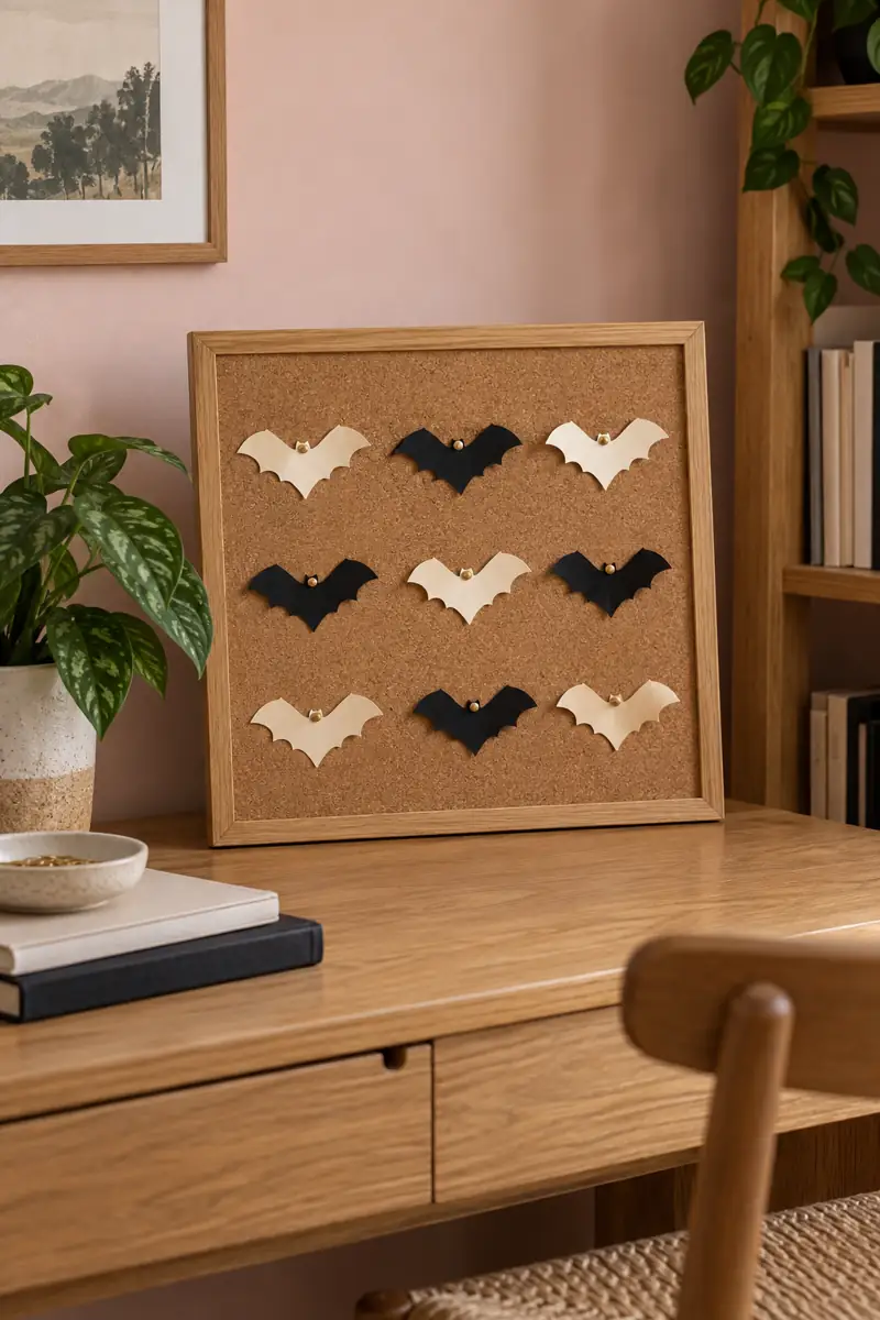 Cream and black paper bats alternate across a small freestanding corkboard