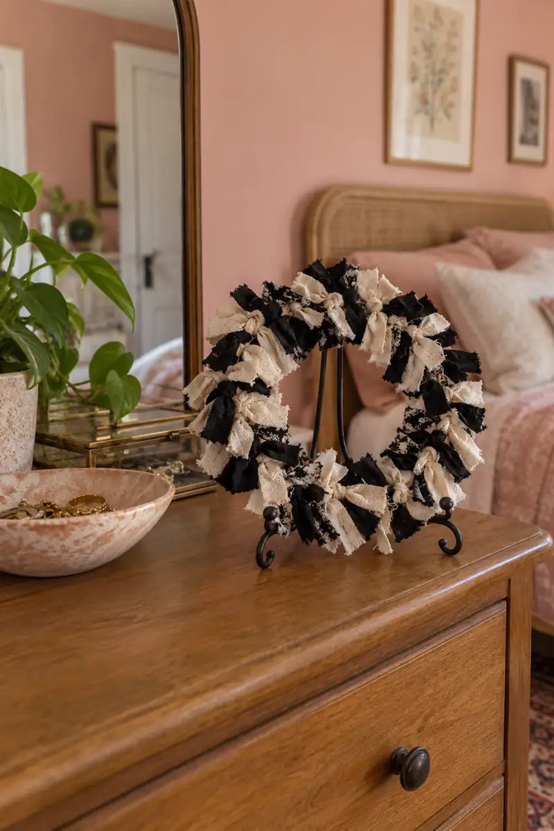 A wreath of black and ivory fabric scraps rests on a tabletop stand