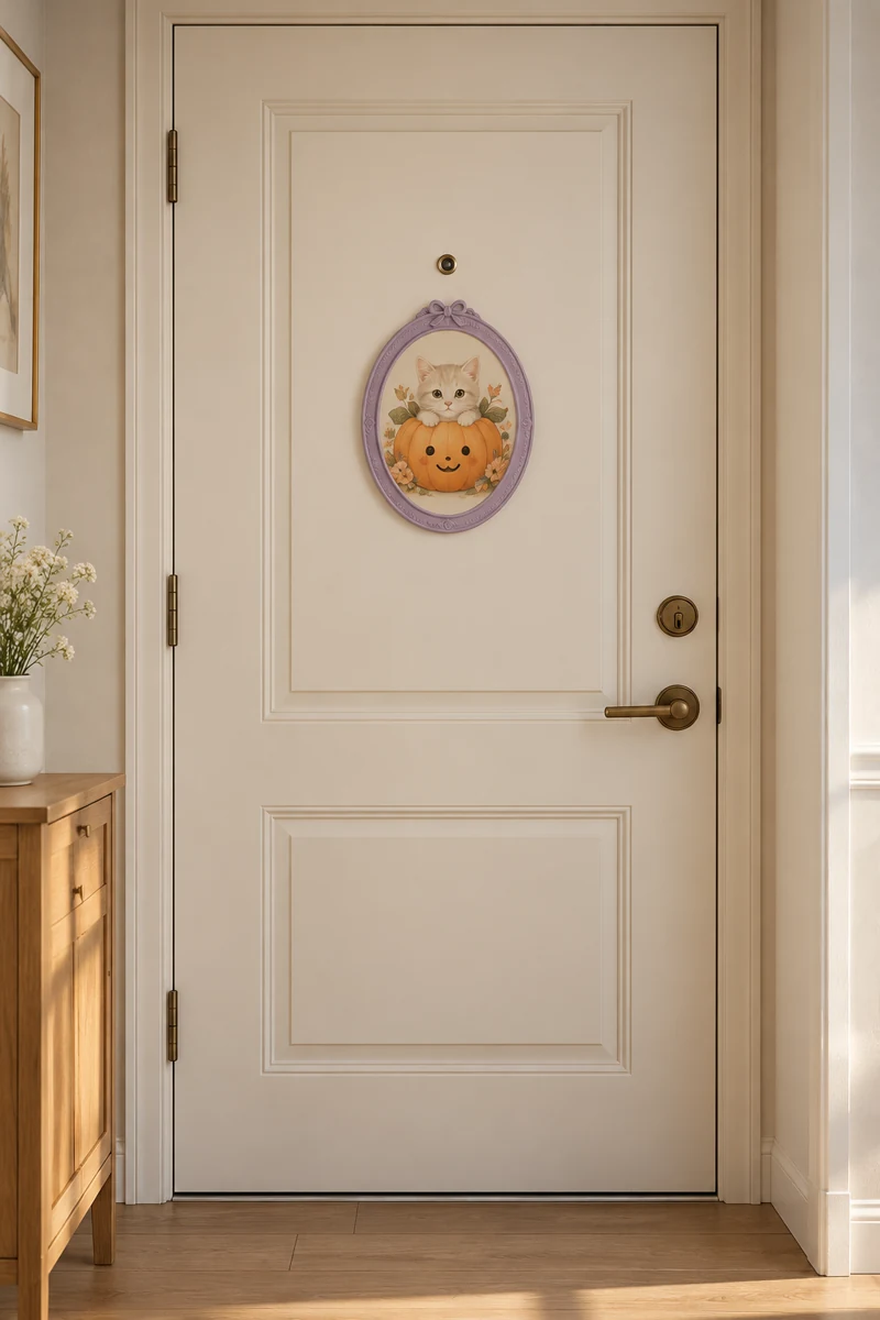 Pumpkin Cat Portrait on a warm white apartment door