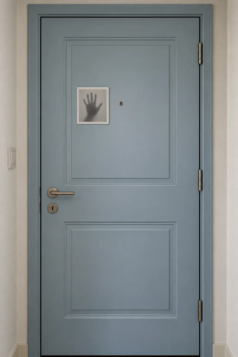 Shadow Hand Picture displayed on a light blue apartment door