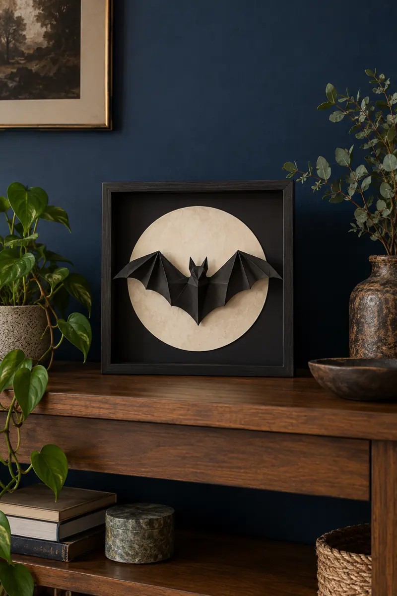 A dimensional black bat crosses a pale paper moon inside a square shadowbox