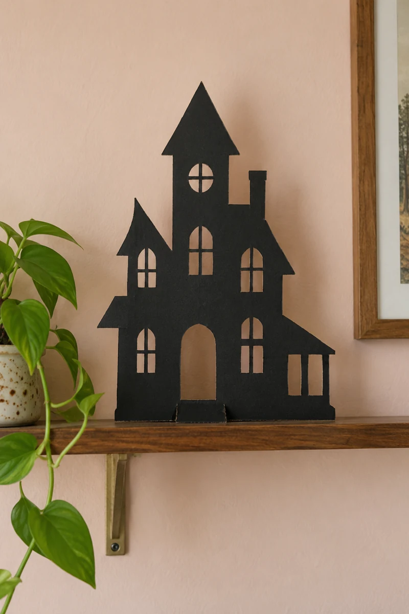 A flat cardboard haunted house silhouette stands on a narrow apartment shelf