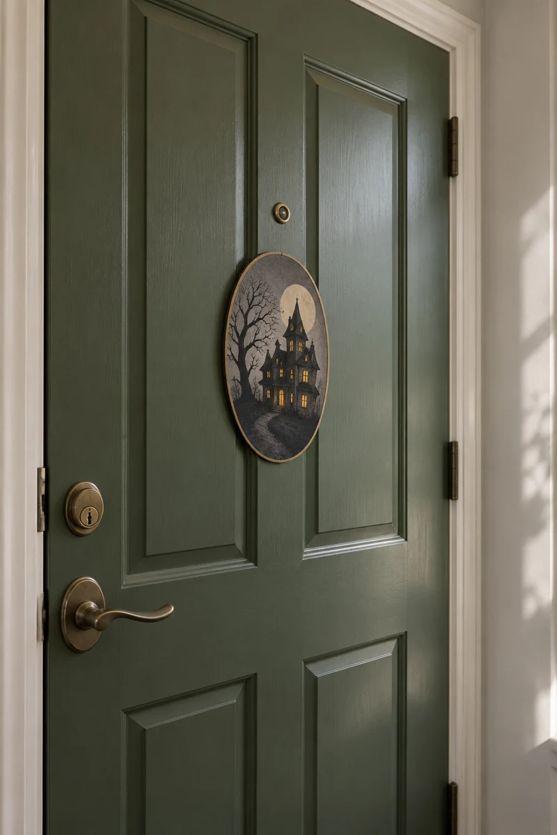 Haunted House Cameo displayed on a dusty green apartment door