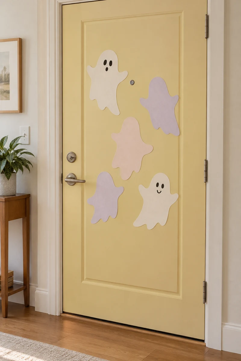 Pastel Ghost Confetti on a pale yellow apartment door