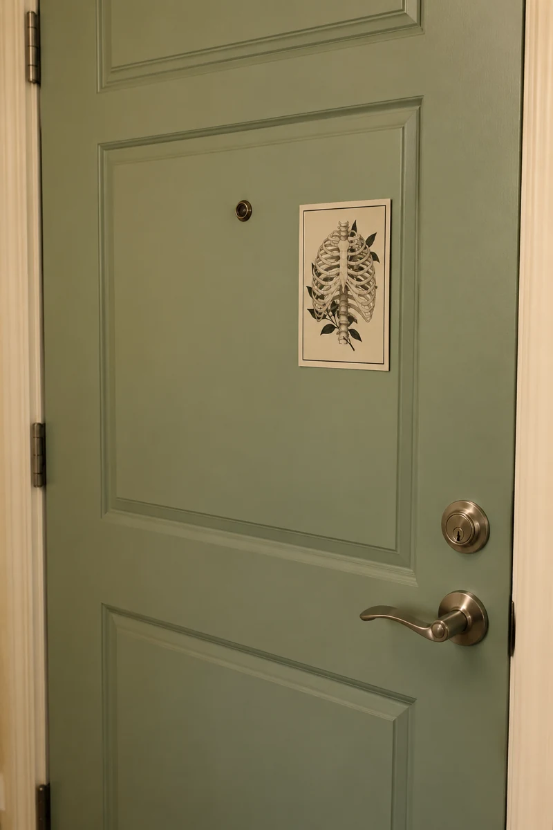 Bone Botanical Print displayed on a pale green apartment door