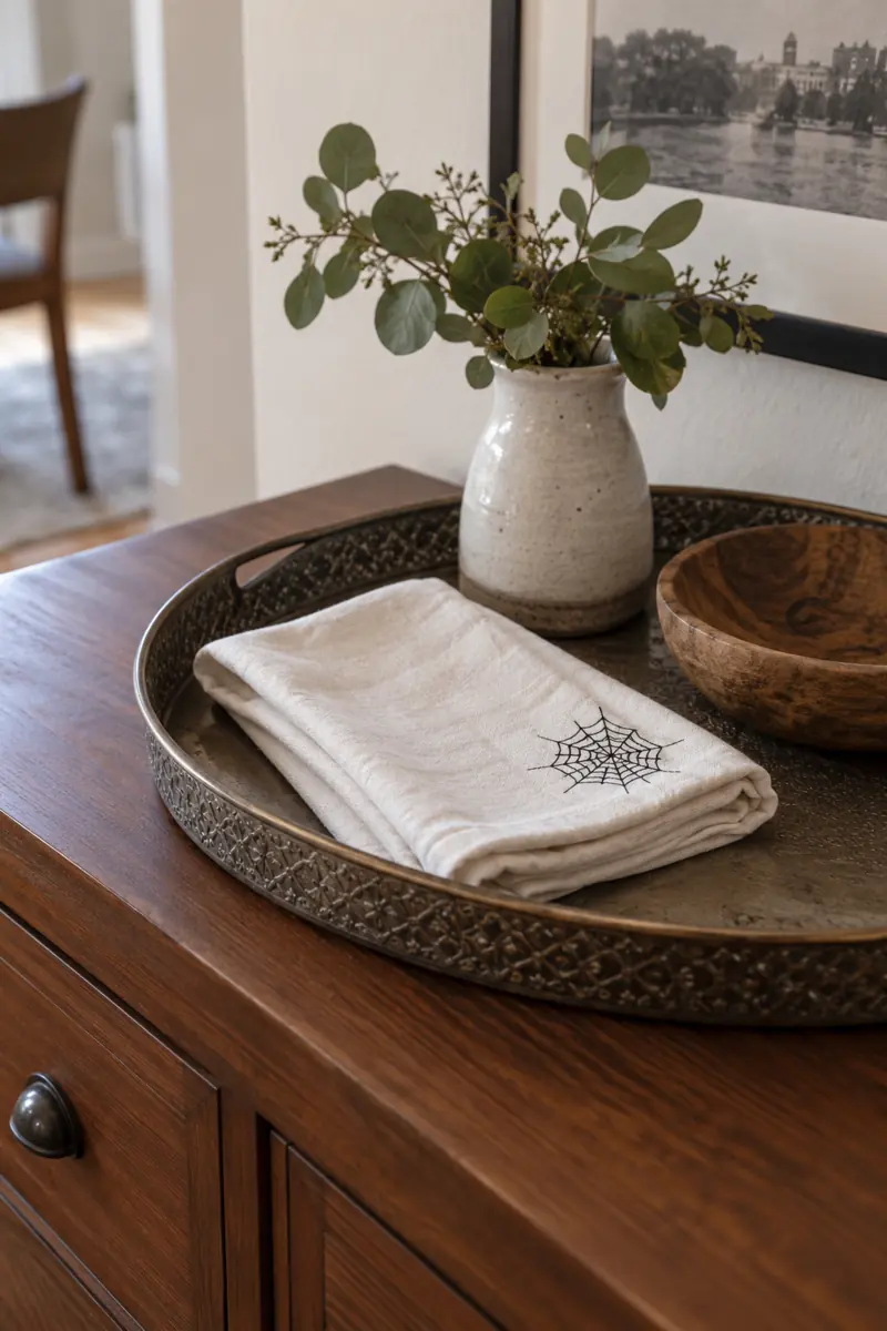 A small black spiderweb decorates the corner of a folded cotton towel