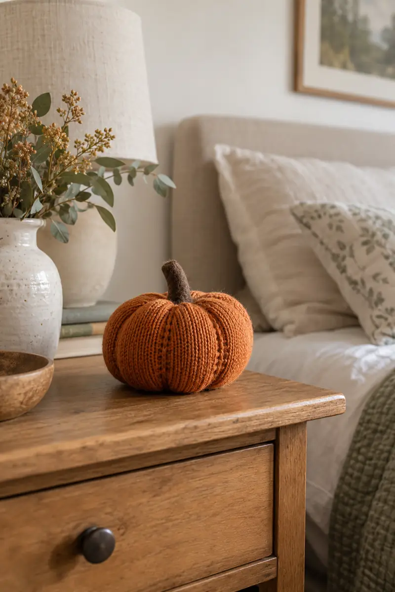 An orange pumpkin made from knitted sweater fabric rests on a bedroom table